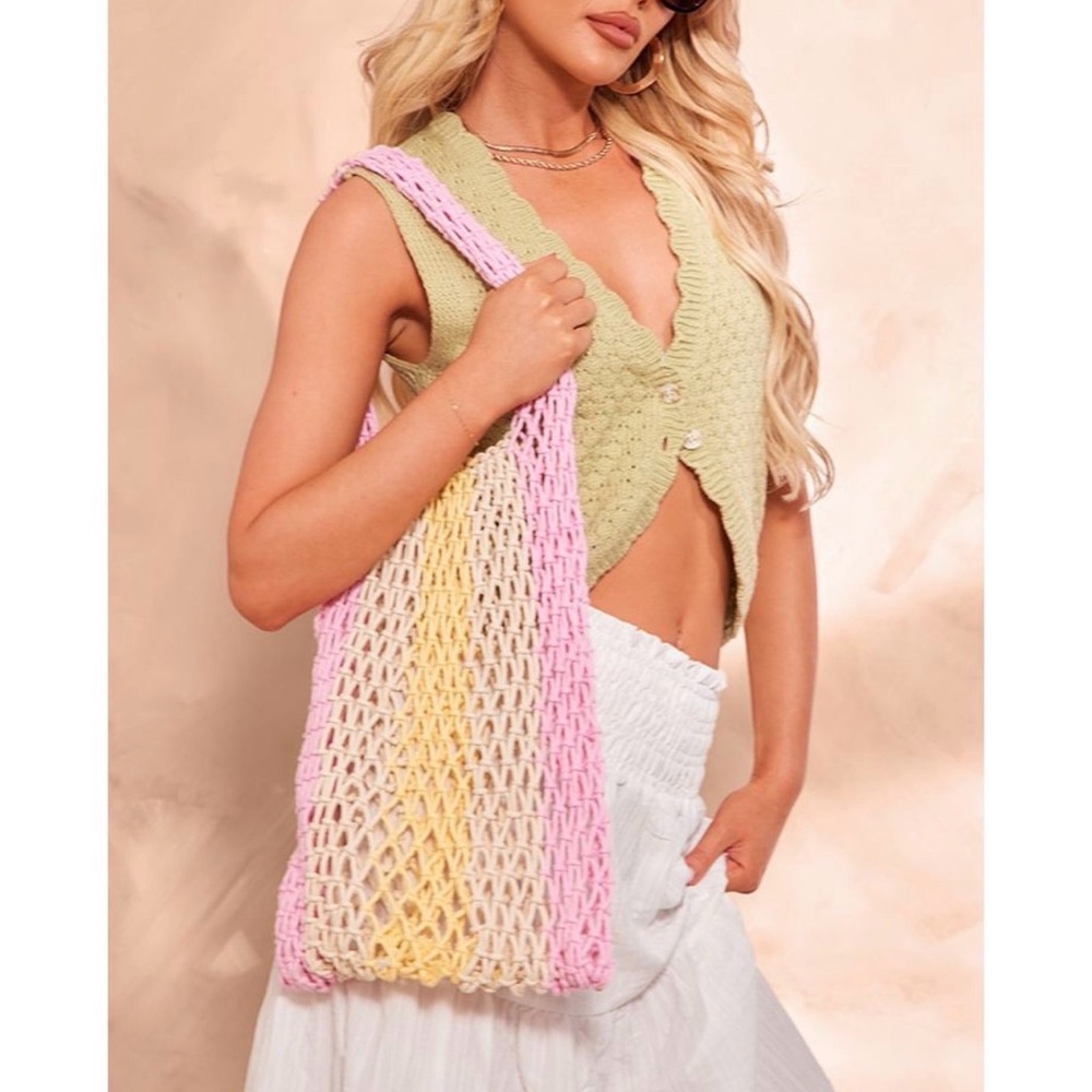 PLT Pink and Yellow Crochet Beach Tote Bag